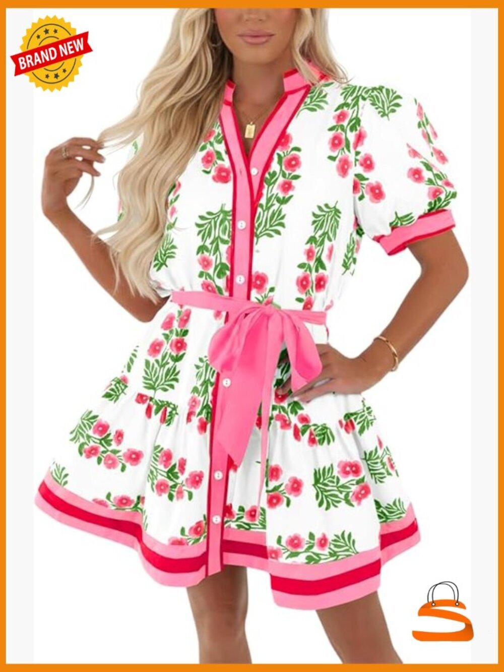 Summer Floral Mini Dress Puff Short Sleeve V Neck Button Down Loose Boho Beach